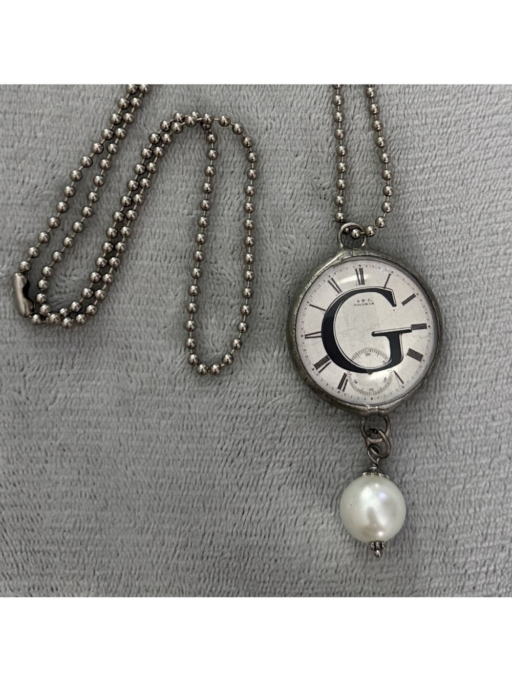 Upcycled Necklace Antique Waltham Pocket Watch Monogram G Reversible w/ Pearl